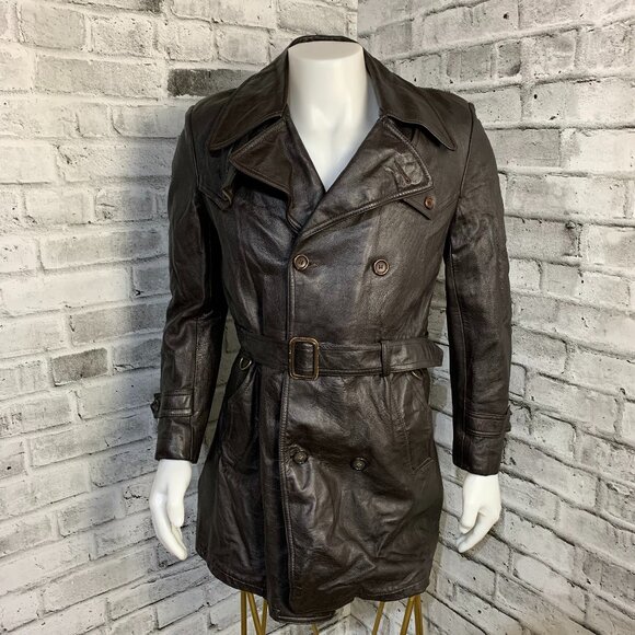 Vintage 70s Leather Jacket Trench Coat Mens M Brown Belted Removable Wool Liner